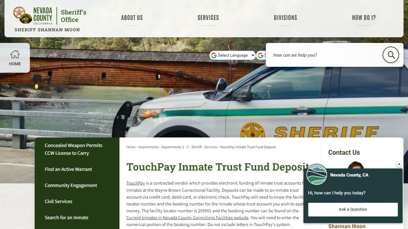 TouchPay Inmate Trust Fund Deposit | Nevada County, CA