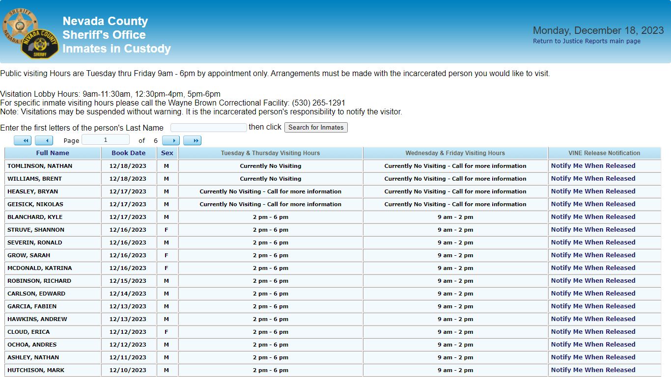 Inmates in Custody - County of Nevada Public Reporting