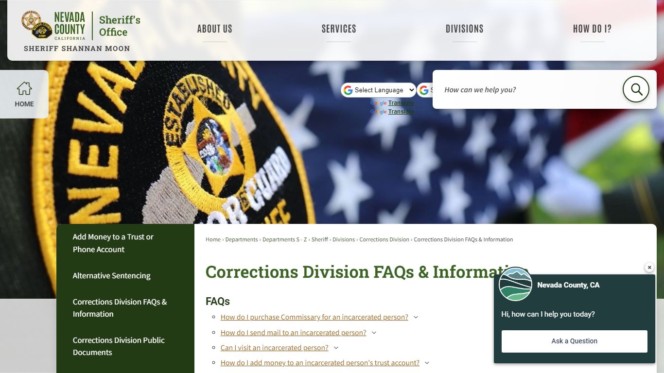 Corrections Division FAQs & Information | Nevada County, CA